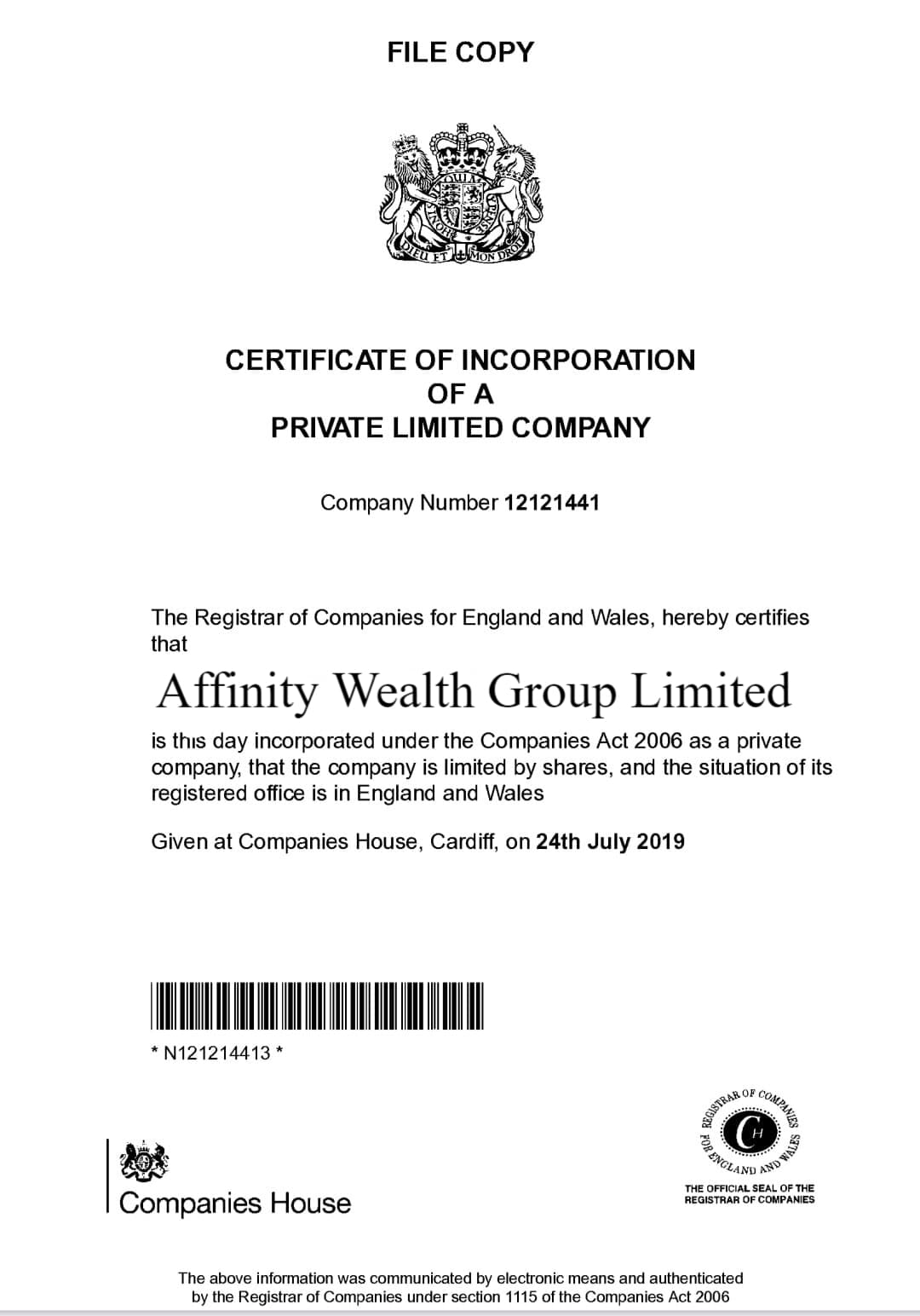 Affinity Wealth Group  certificate